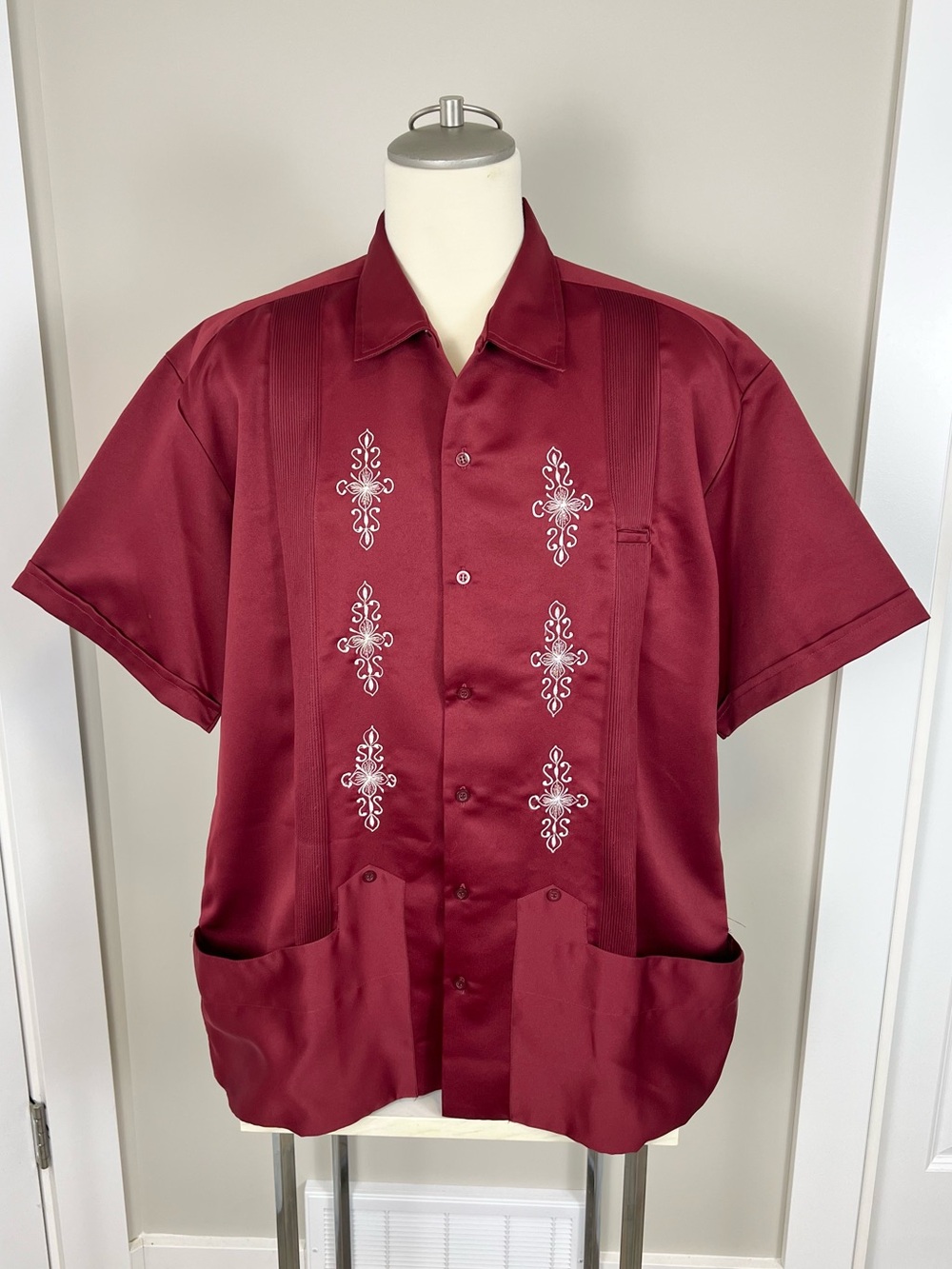 Vintage 1960’s Embroidered Short Sleeve Guayabera Shirt Burgundy